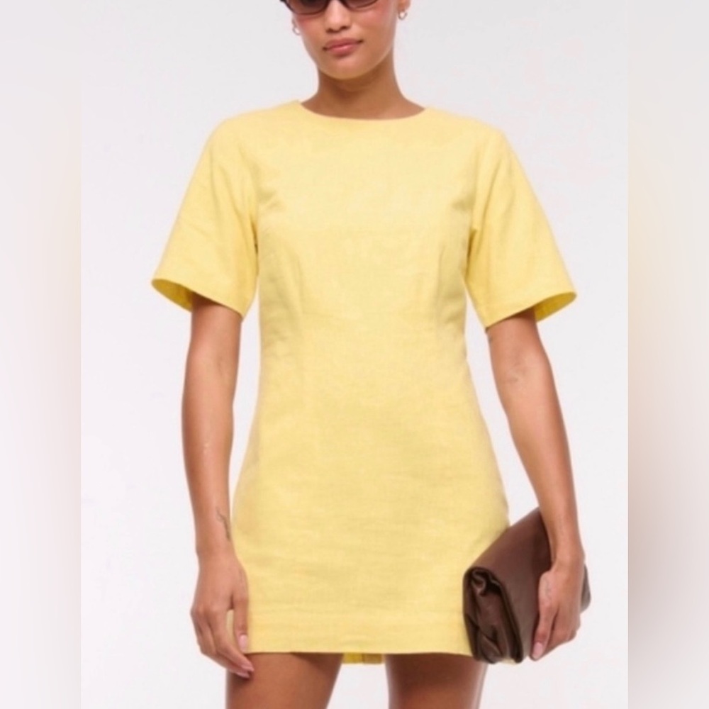 Abercrombie & Fitch Butter Yellow Short-Sleeve Linen Blend Shift Dress